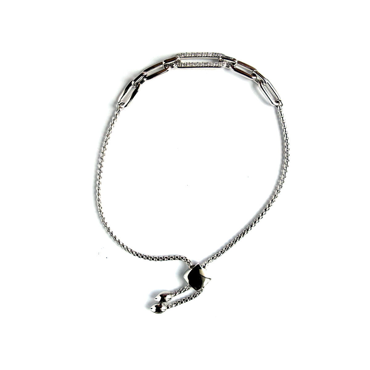 Pulsera de plata tipo bolo con cadena paper clip y diamantes 0.25ctw