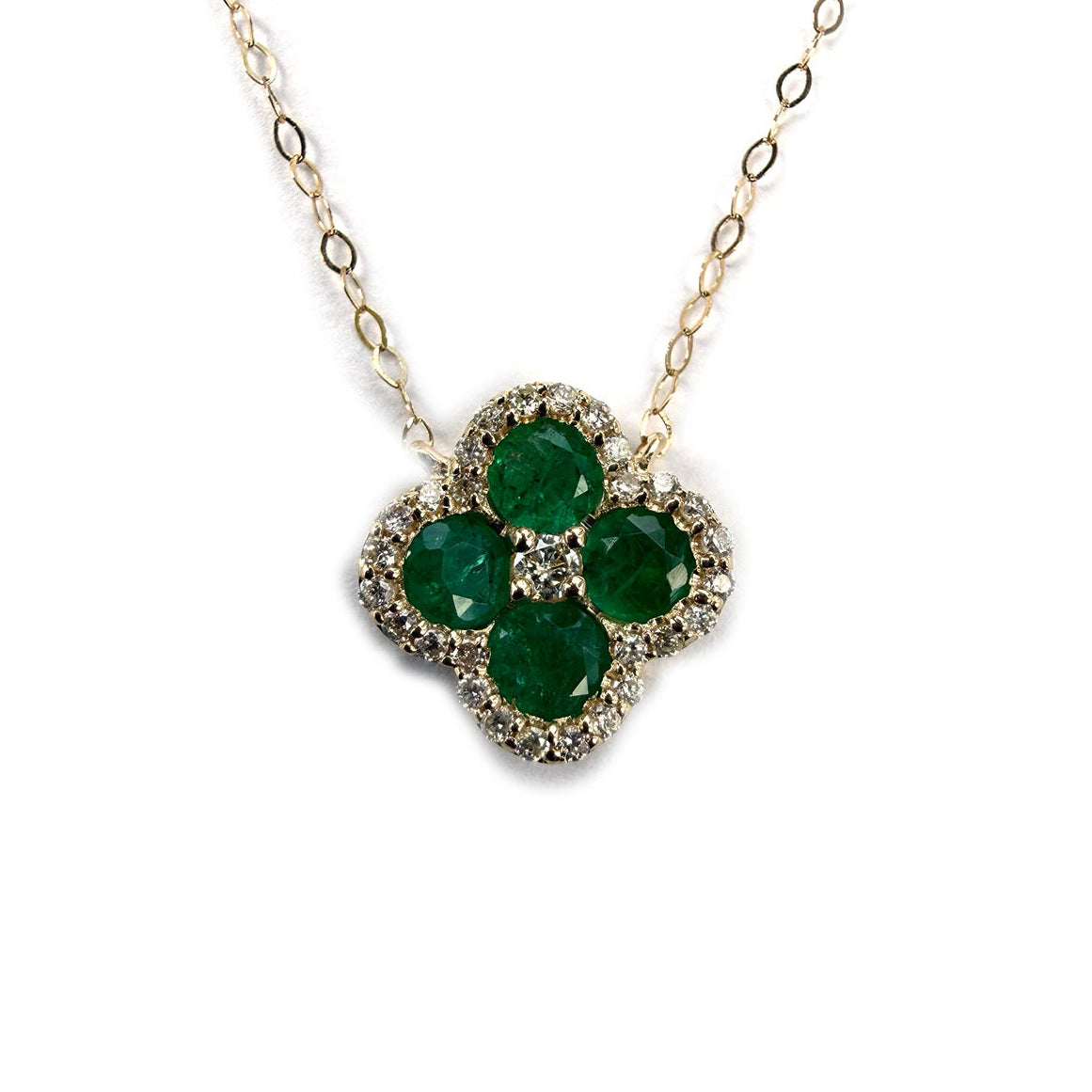 Collar en oro amarillo 14K con flor de esmeraldas y diamantes 0.15ctw