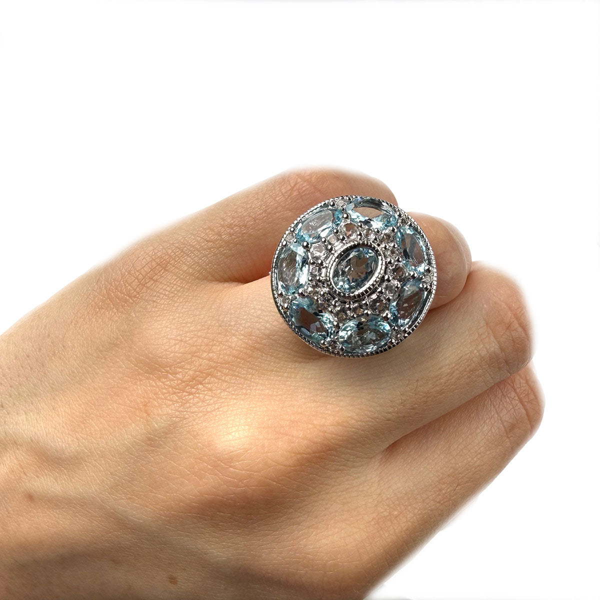 Anillo de plata con aquamarinas y circones blancos