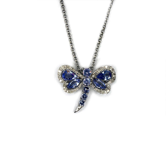 Collar de plata con dije de libélula de tanzanitas y diamantes