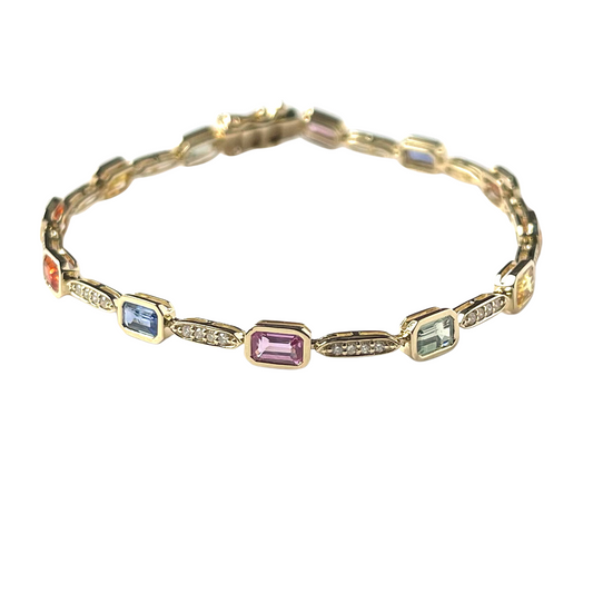 Pulsera en oro amarillo 14k con zafiros multicolor 8ctw y diamantes 0.65ctw