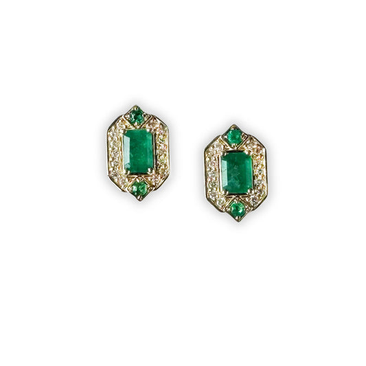 Aretes en oro amarillo 14k con esmeralda corte esmeralda y diamantes 0.30ctw