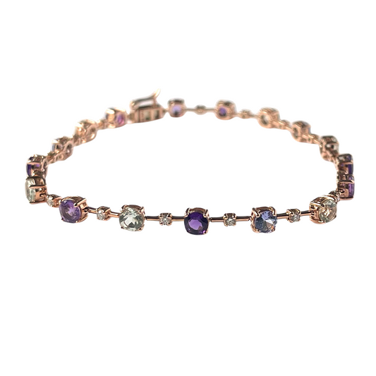 Pulsera en oro rosa 14k con amatistas, tanzanitas, aquamarinas, y diamantes 0.40ctw