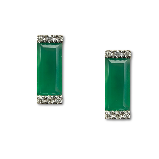 Aretes en oro amarillo 14K con ónix verde rectangular y diamantes 0.06ctw