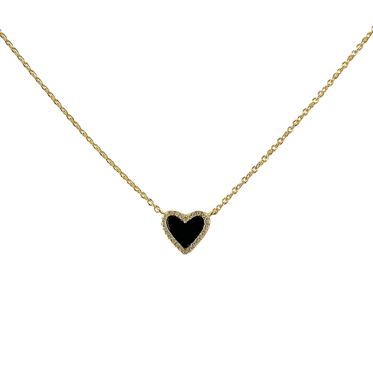 Collar de corazón negro Onyx blanca con circonitas en plata con baño de oro amarillo