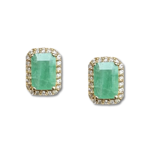 Aretes en oro amarillo 14k de esmeralda con corte esmeralda de 1.10ctw y halo de diamantes 0.20ctw