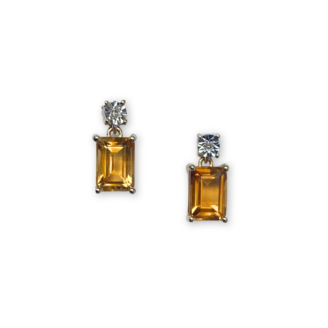 Aretes en oro amarillo 10k con citrino y diamantes 0.01ctw