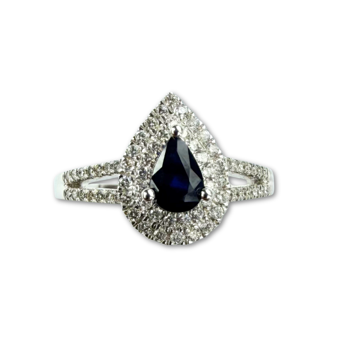 Anillo en oro blanco 14K con zafiro corte pera 0.5ct y diamantes 0.33ctw