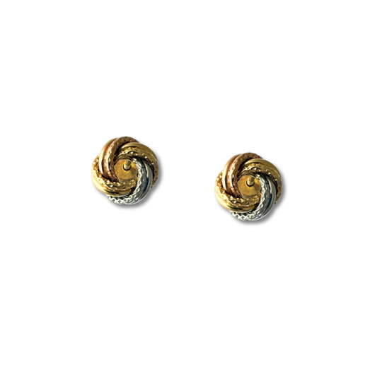 Aretes nudo en tres oros 18k con textura y tope rosca