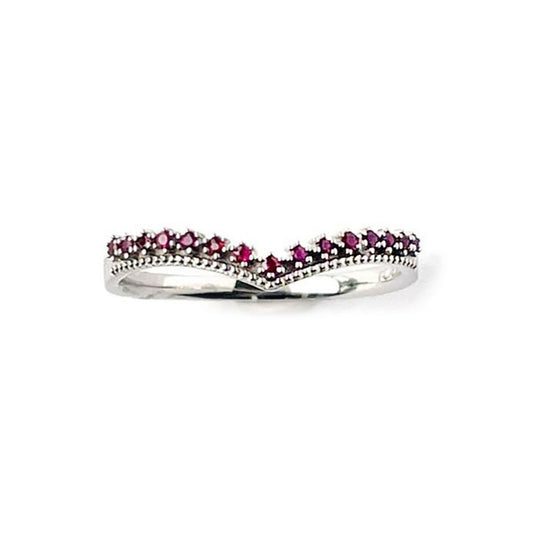 Anillo en oro blanco 14k en forma de V con rubíes