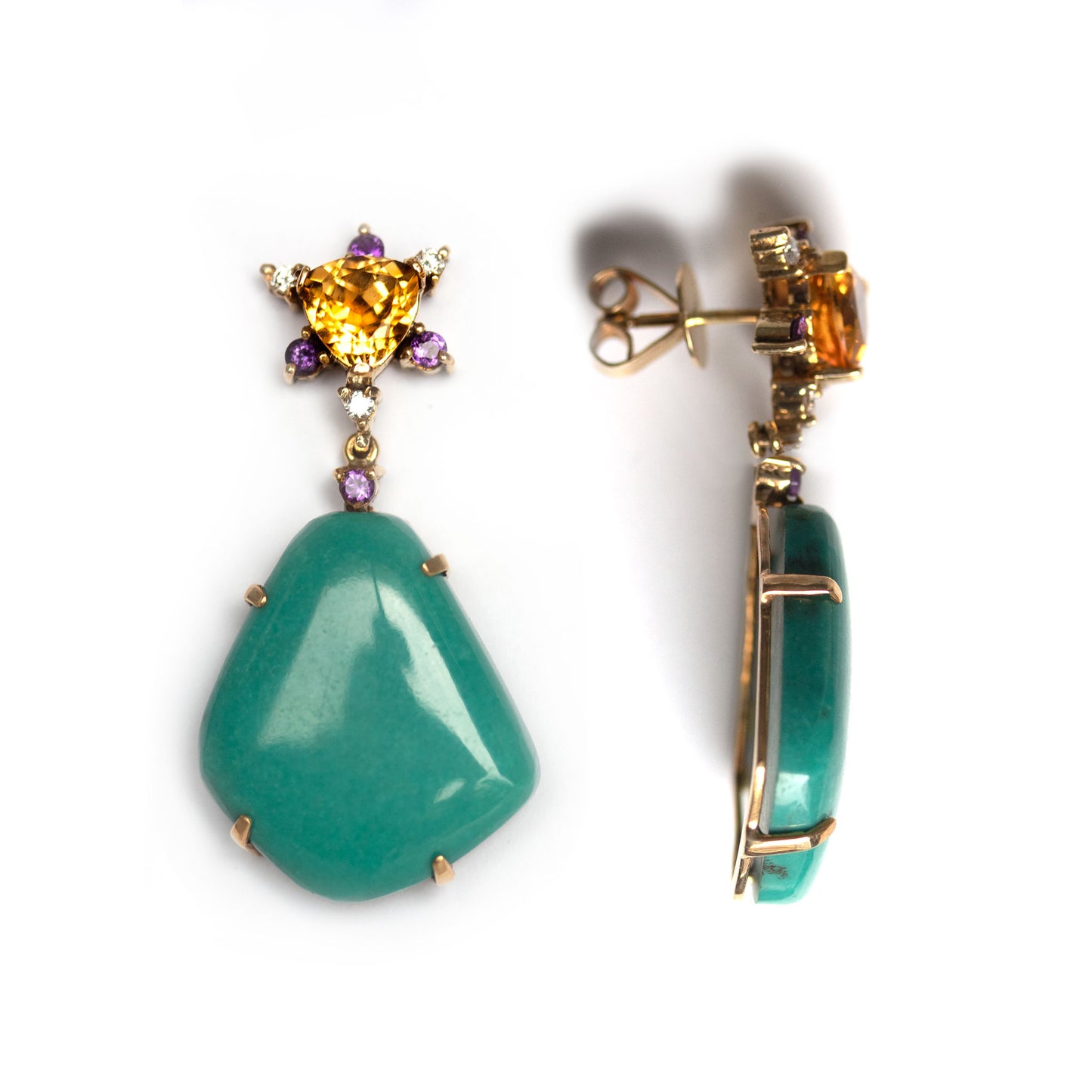 14k yellow gold Turquoise, citrine, Amethyst, diamond earrings