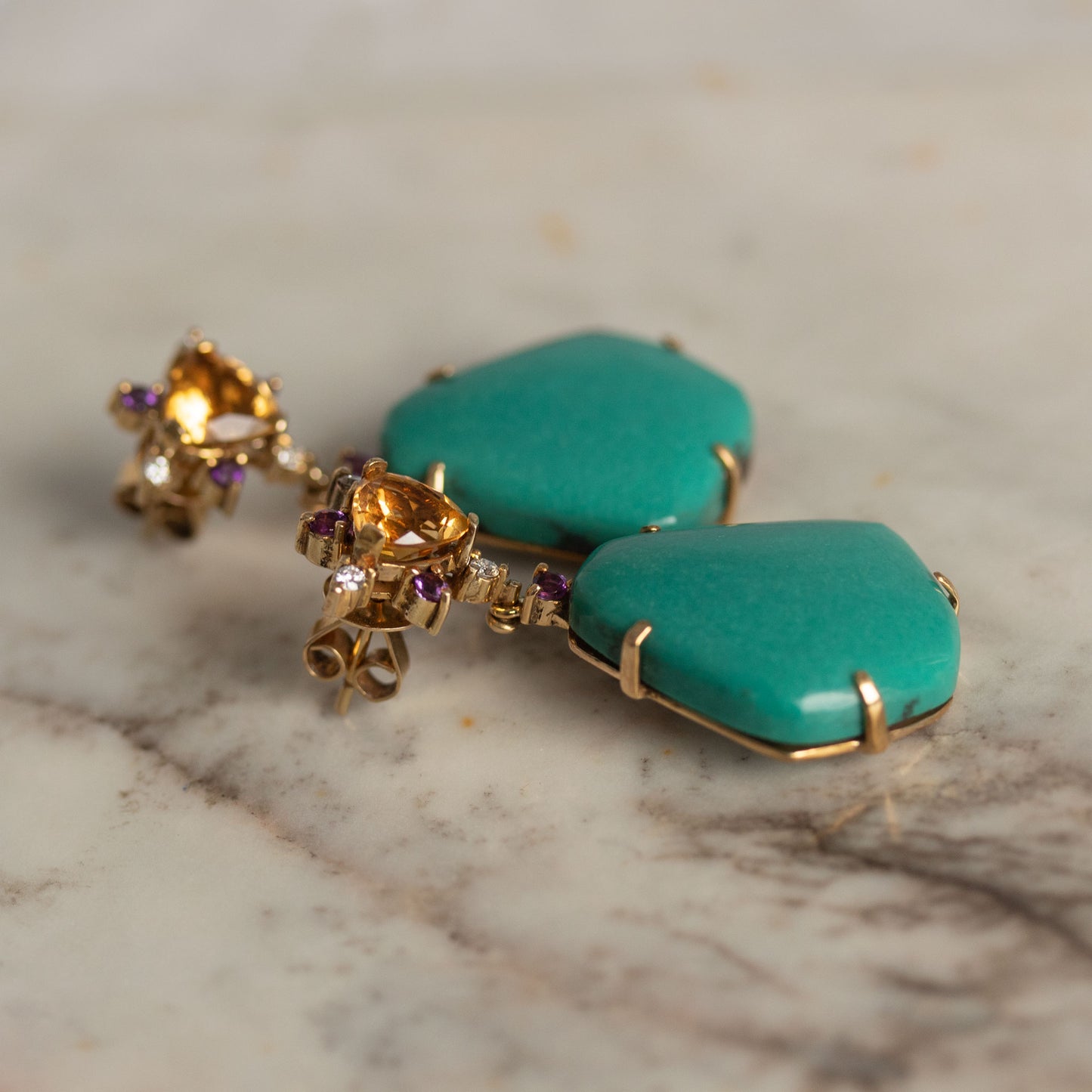 14k yellow gold Turquoise, citrine, Amethyst, diamond earrings