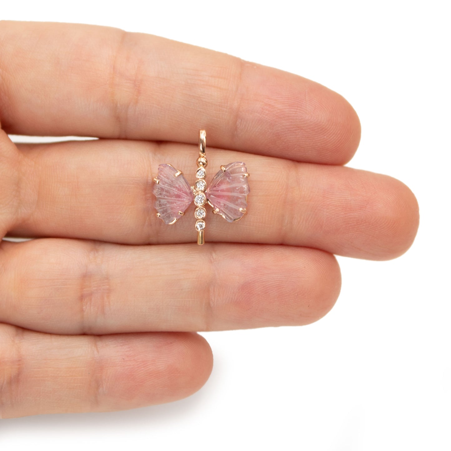 Dije de mariposa de turmalina y diamantes en oro rosa 14k