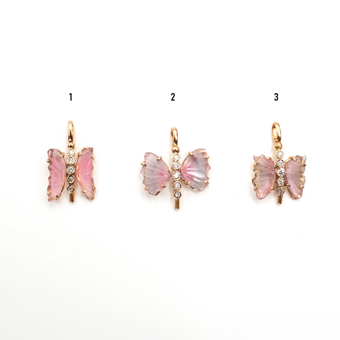 Dije de mariposa de turmalina y diamantes en oro rosa 14k